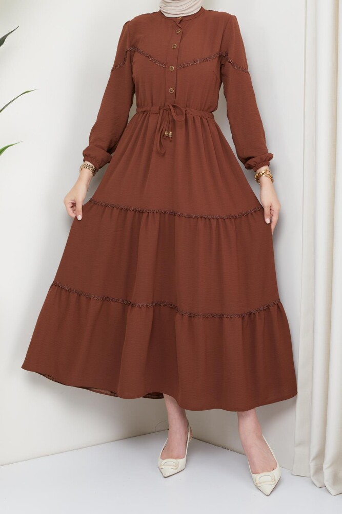 Yarım Düğmeli Parçalı Bağcıklı Elbise - 3