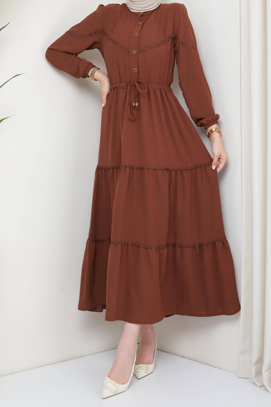Yarım Düğmeli Parçalı Bağcıklı Elbise - 4