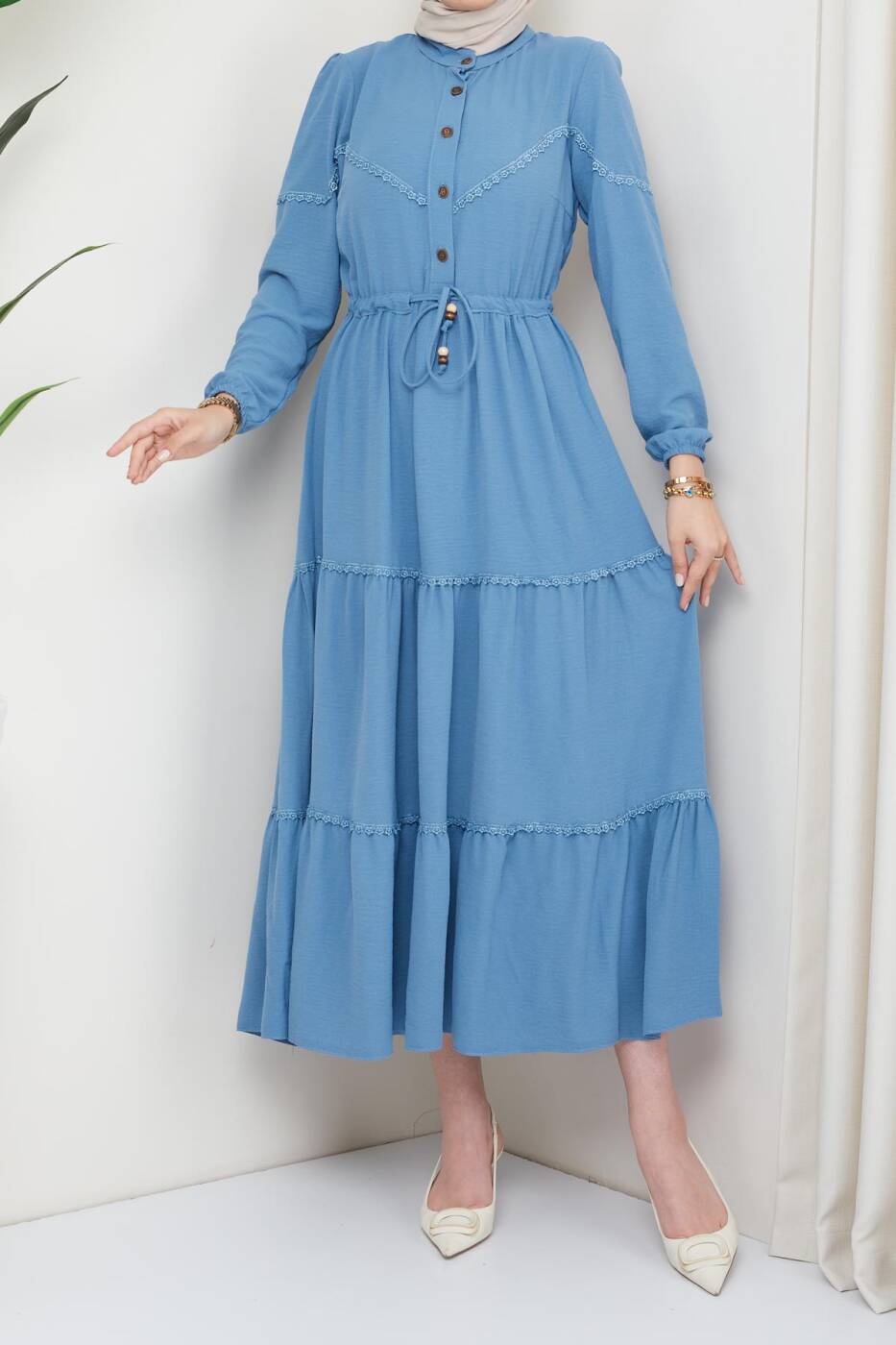 Yarım Düğmeli Parçalı Bağcıklı Elbise - 9