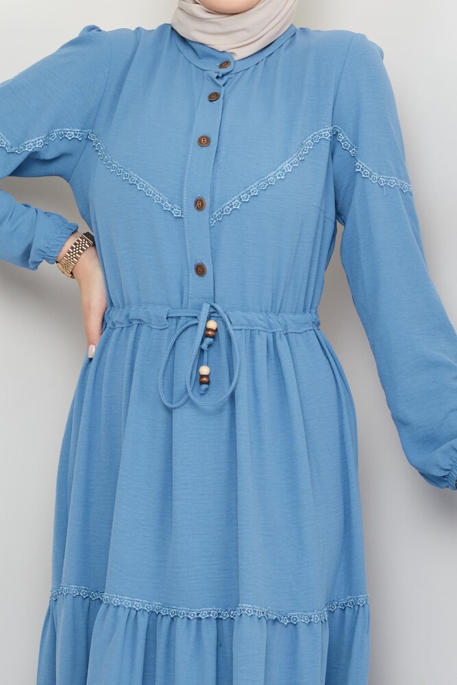 Yarım Düğmeli Parçalı Bağcıklı Elbise - 11