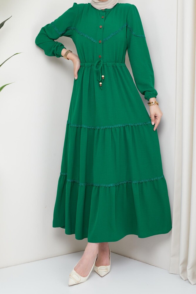 Yarım Düğmeli Parçalı Bağcıklı Elbise - 15