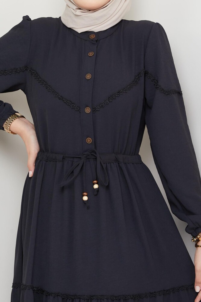 Yarım Düğmeli Parçalı Bağcıklı Elbise - 24